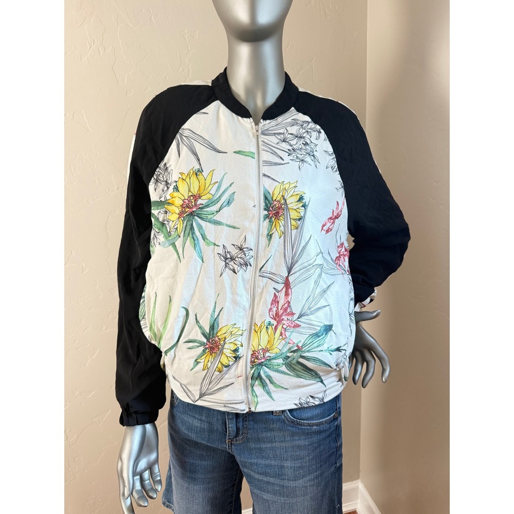 Floral Tropical Print Zip Up Lightweight Bomber‎ Jacket Black Raglan Sleeves M